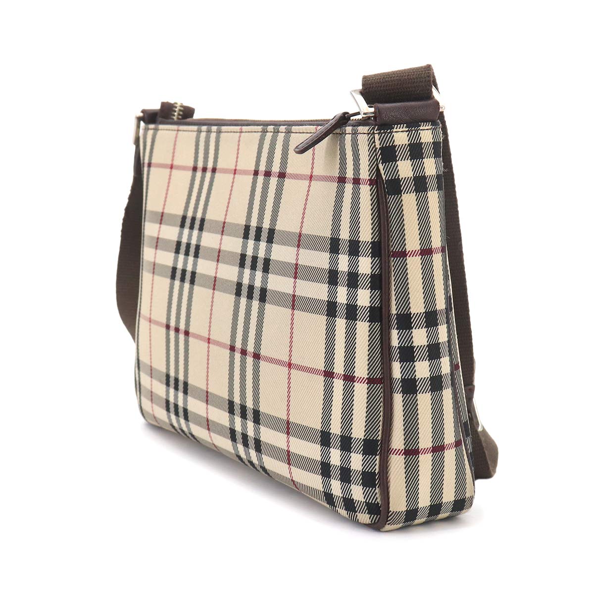 Plaid Shoulder Bag Nylon Leather Beige Brown Purse