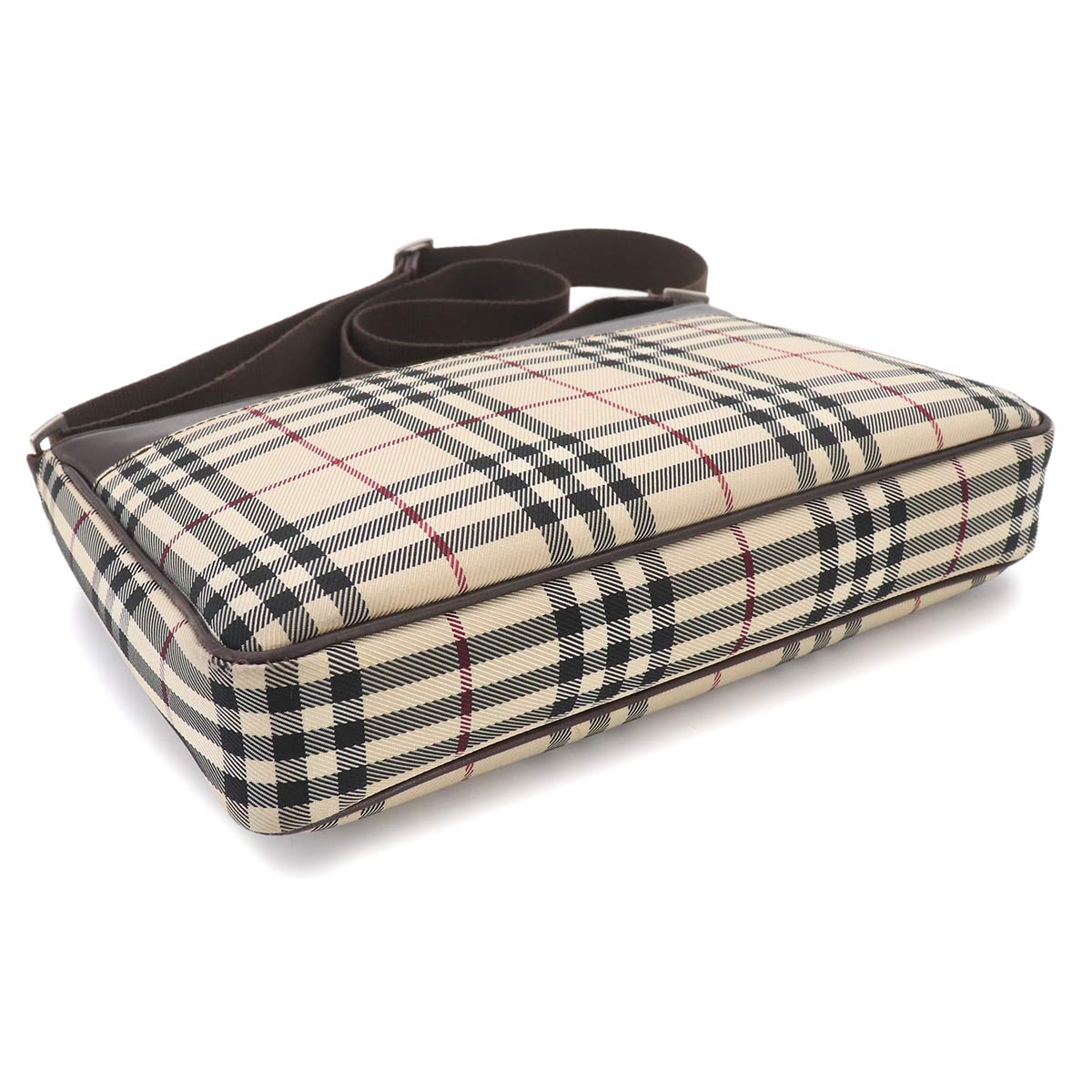 Plaid Shoulder Bag Nylon Leather Beige Brown Purse