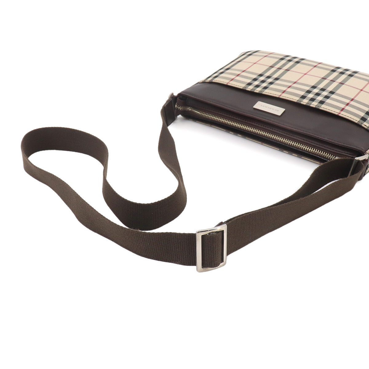 Plaid Shoulder Bag Nylon Leather Beige Brown Purse