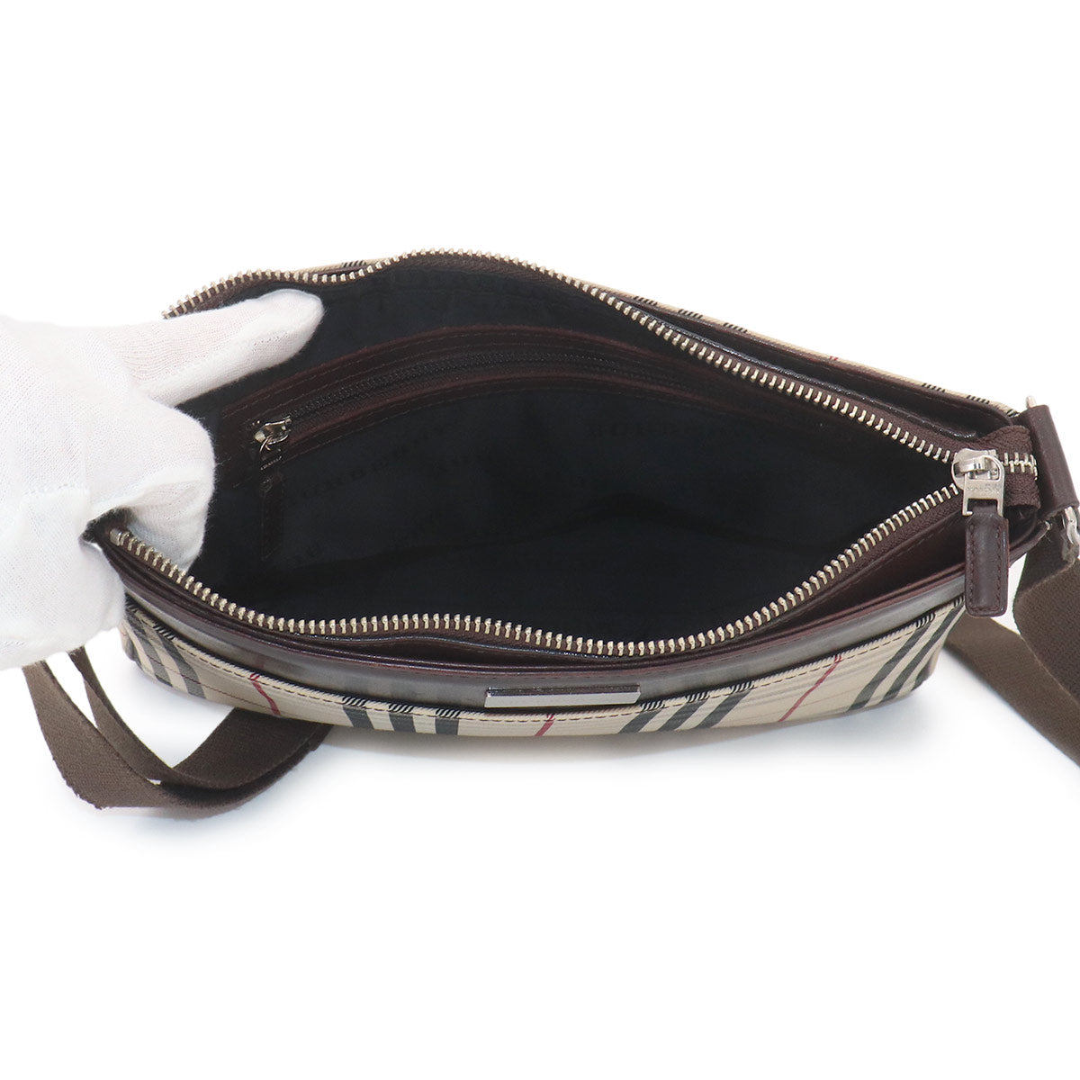Plaid Shoulder Bag Nylon Leather Beige Brown Purse