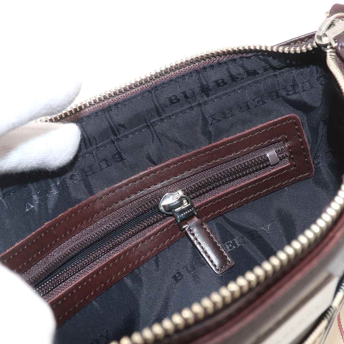 Plaid Shoulder Bag Nylon Leather Beige Brown Purse