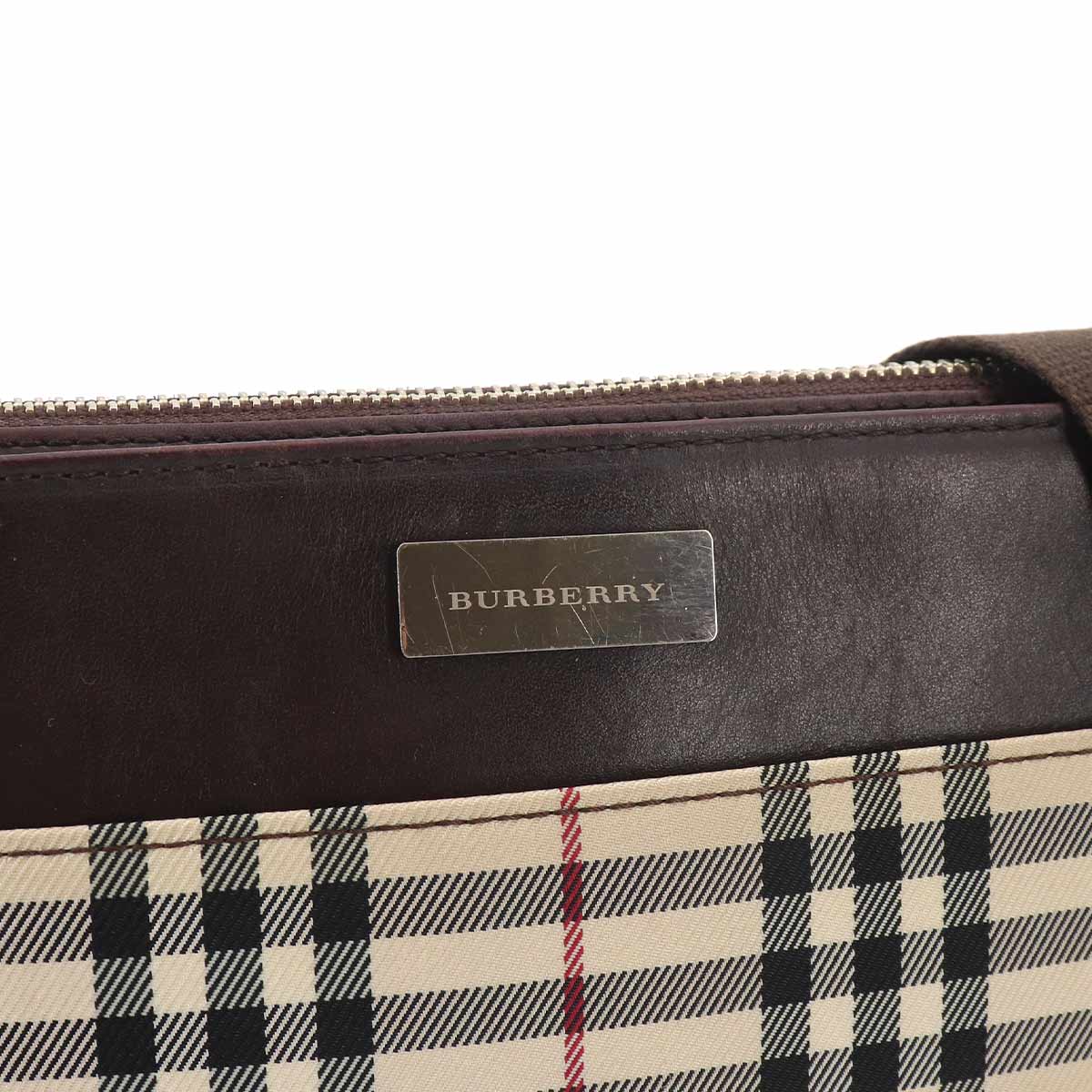 Plaid Shoulder Bag Nylon Leather Beige Brown Purse