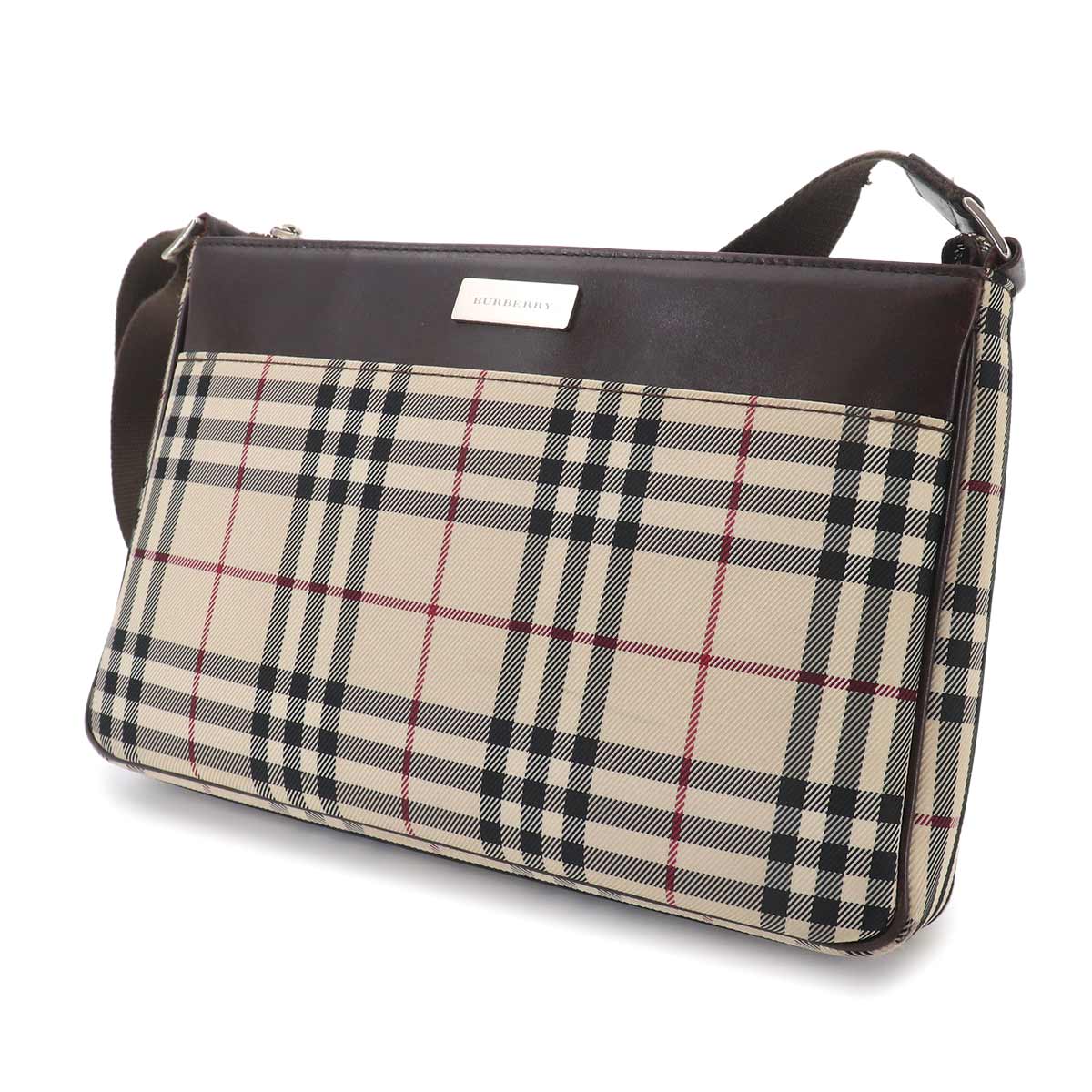 Plaid Shoulder Bag Nylon Leather Beige Brown Purse