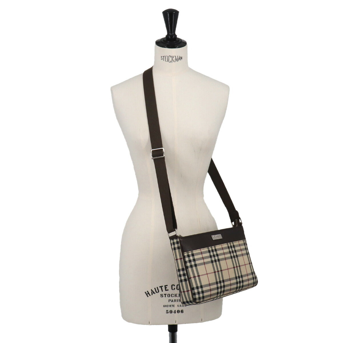Plaid Shoulder Bag Nylon Leather Beige Brown Purse