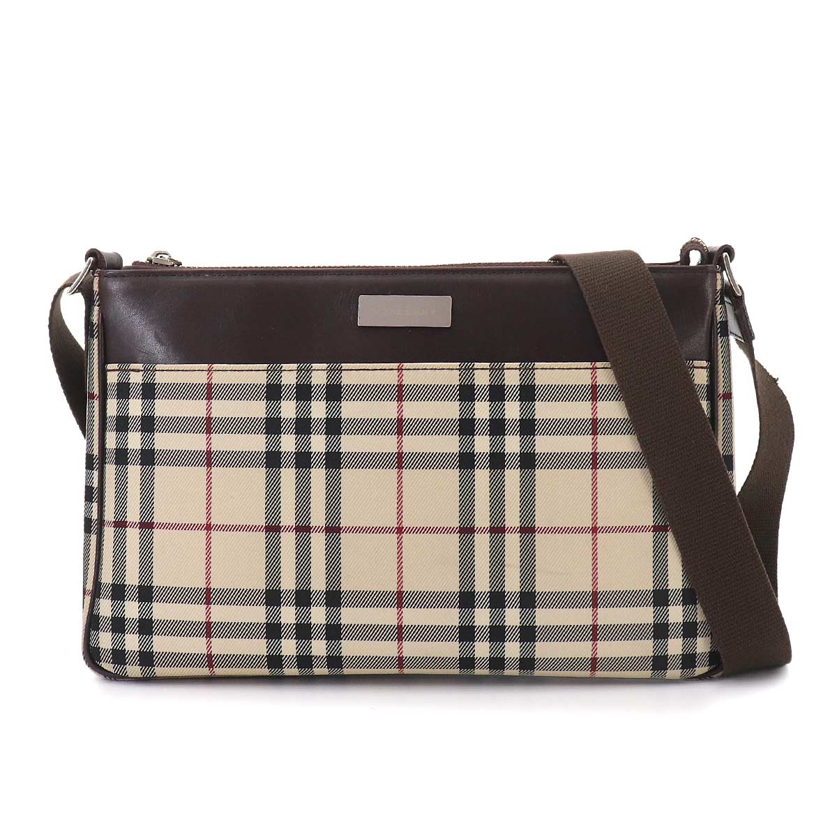 Plaid Shoulder Bag Nylon Leather Beige Brown Purse