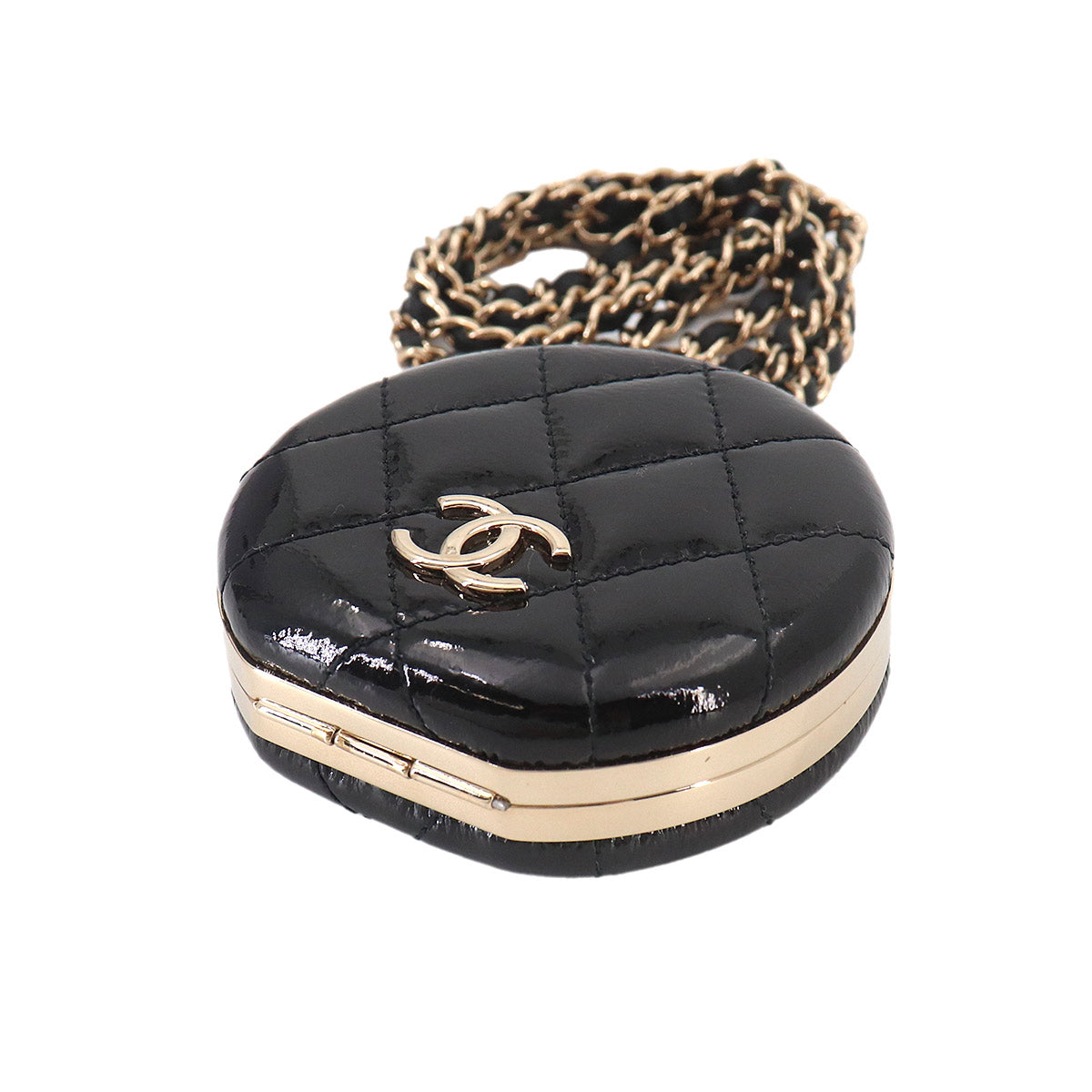 Compact Mirror with Neck Strap Patent Leather Black