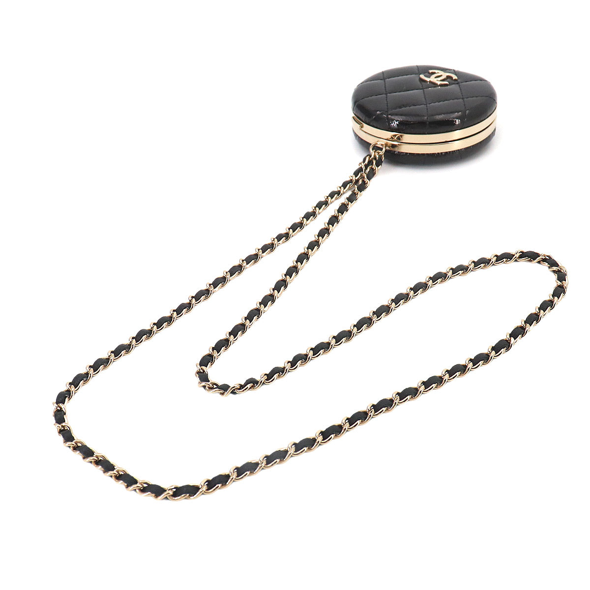 Compact Mirror with Neck Strap Patent Leather Black