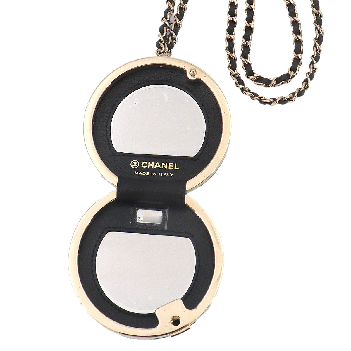 Compact Mirror with Neck Strap Patent Leather Black