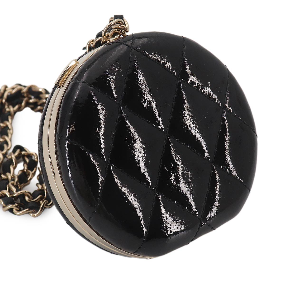 Compact Mirror with Neck Strap Patent Leather Black