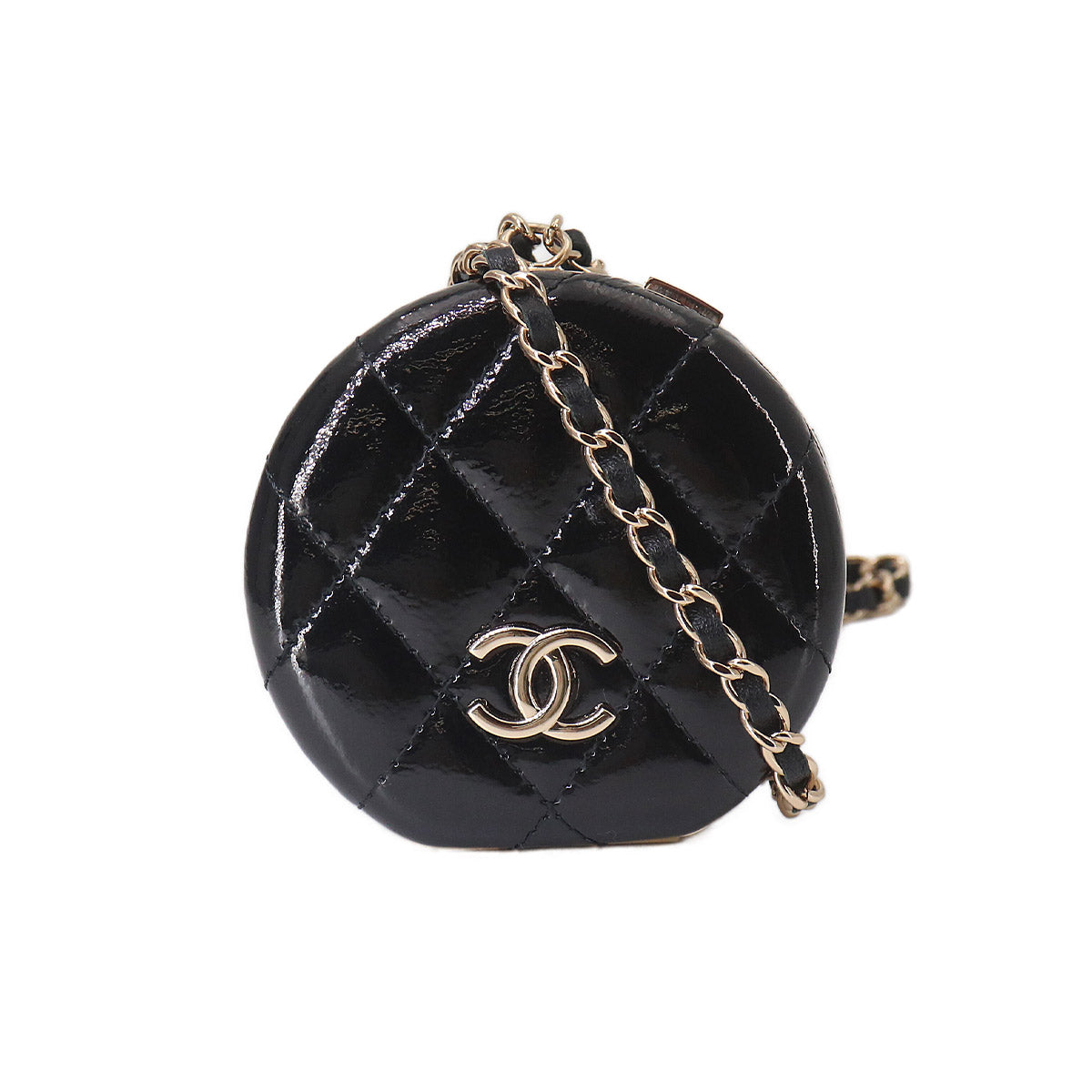 Compact Mirror with Neck Strap Patent Leather Black