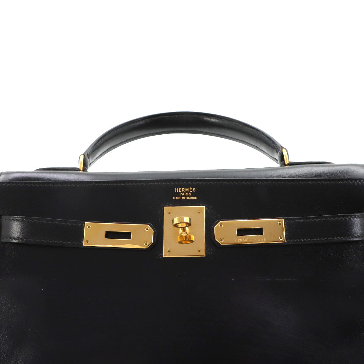 Kelly 32 Box calf Black Hand Shoulder Bag Vintage Purse