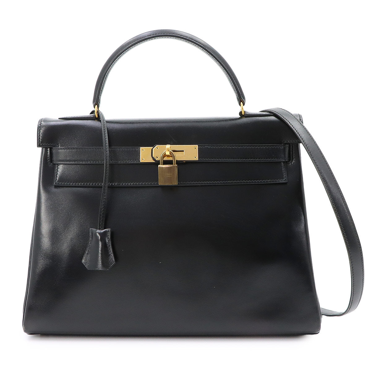 Kelly 32 Box calf Black Hand Shoulder Bag Vintage Purse