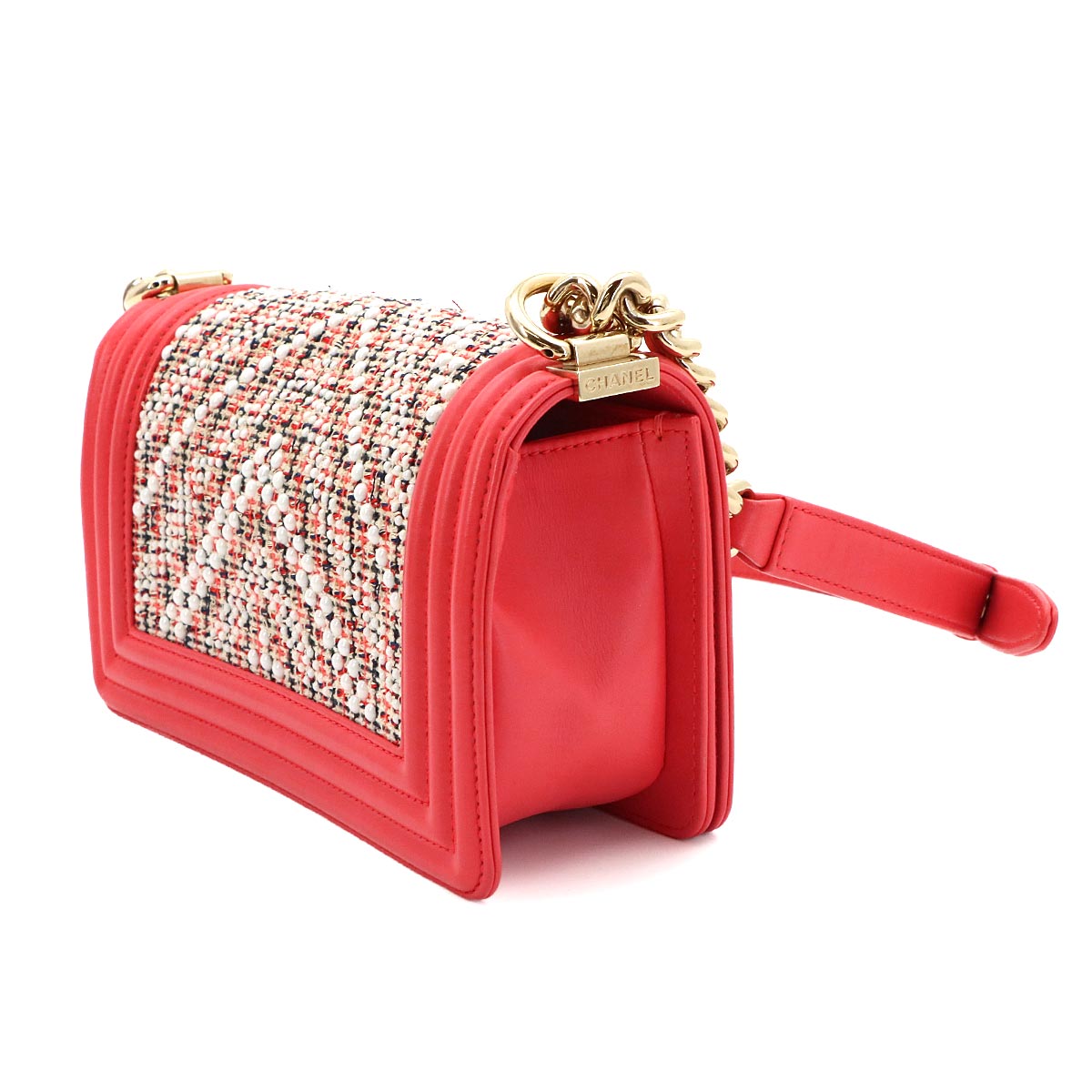BOY CHANEL Small Chain Shoulder Bag Tweed Leather Pink A67085