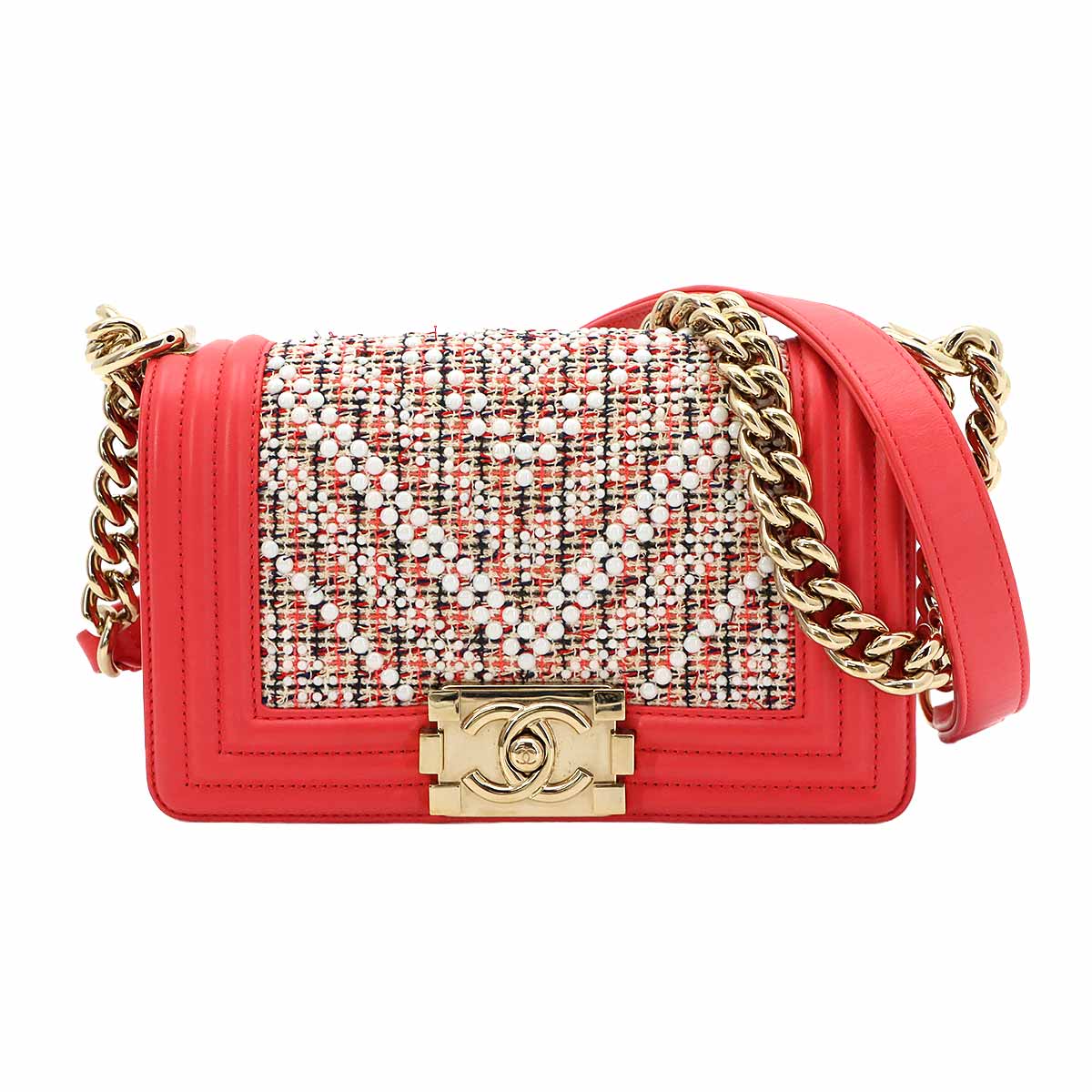 BOY CHANEL Small Chain Shoulder Bag Tweed Leather Pink A67085