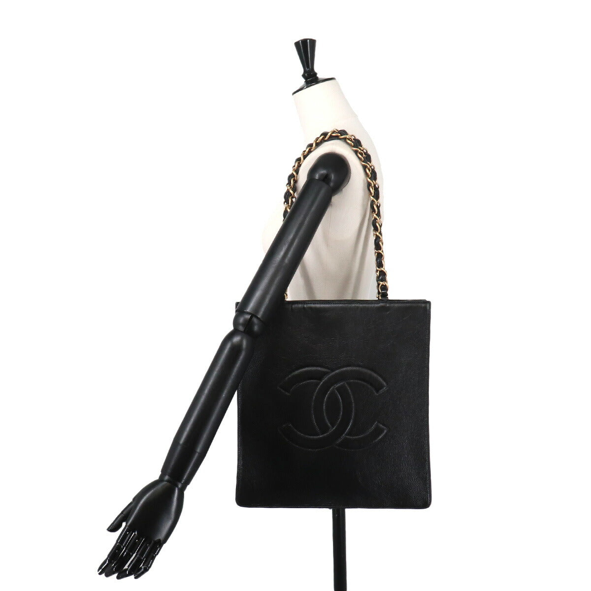Coco Logos Chain Tote Bag Leather Black Purse