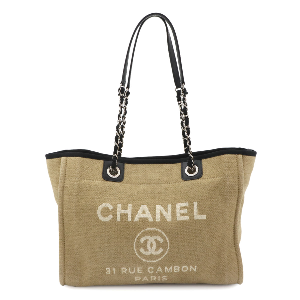 Deauville MM Chain Tote Bag Leather Beige Black A67001 Purse