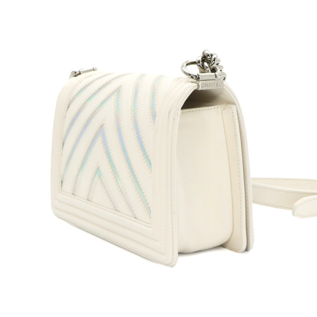 BOY CHANEL Chain Shoulder Bag Leather White A67086 V stitch