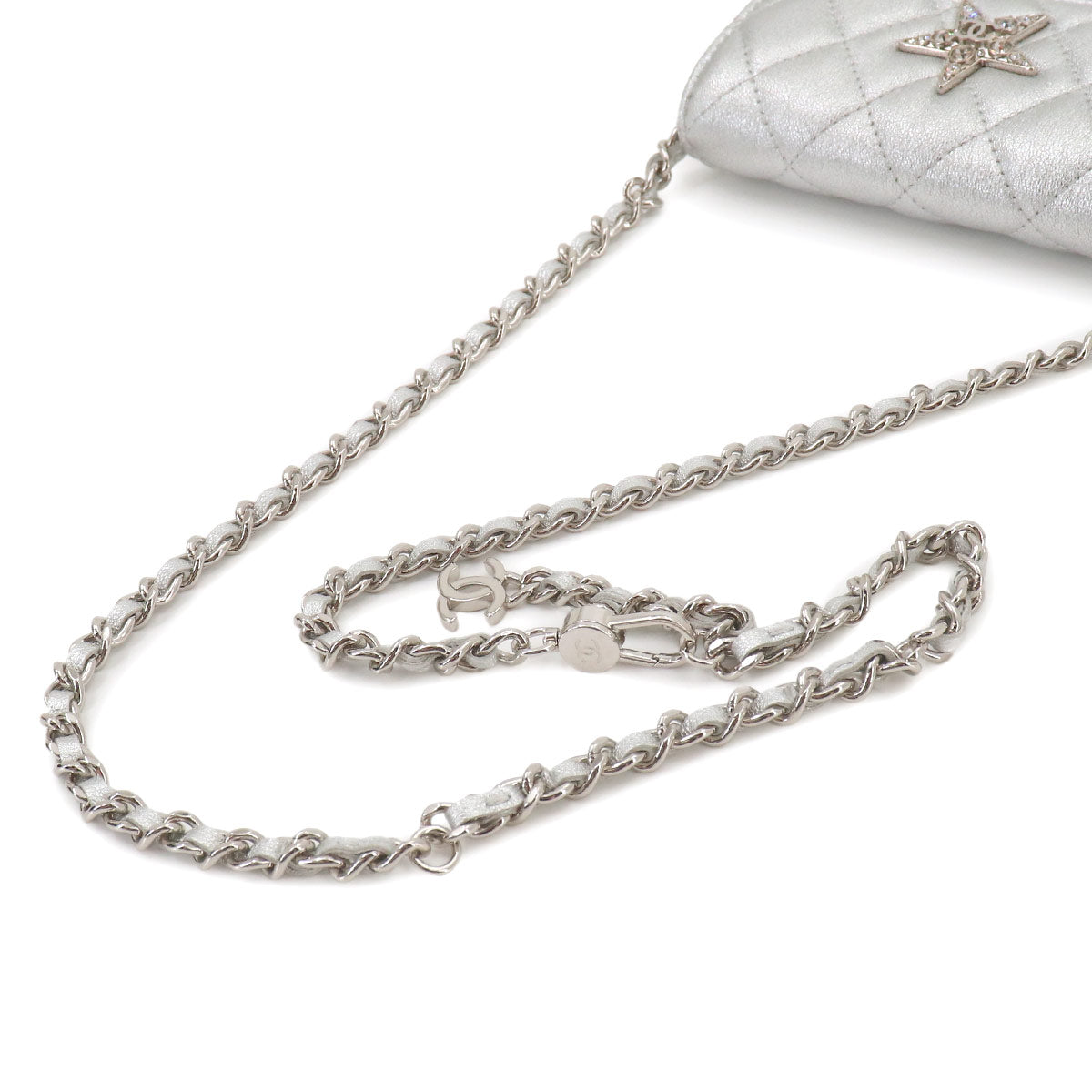 Matelasse Star Belt Bag Waist Pouch Leather Silver Rhinestone