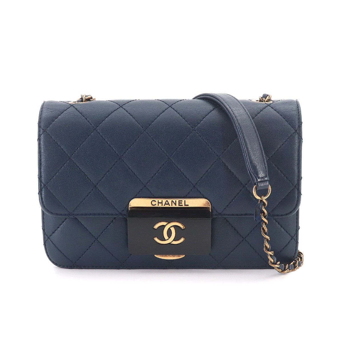 Beauty Lock Chain Shoulder Bag Leather Navy A93221