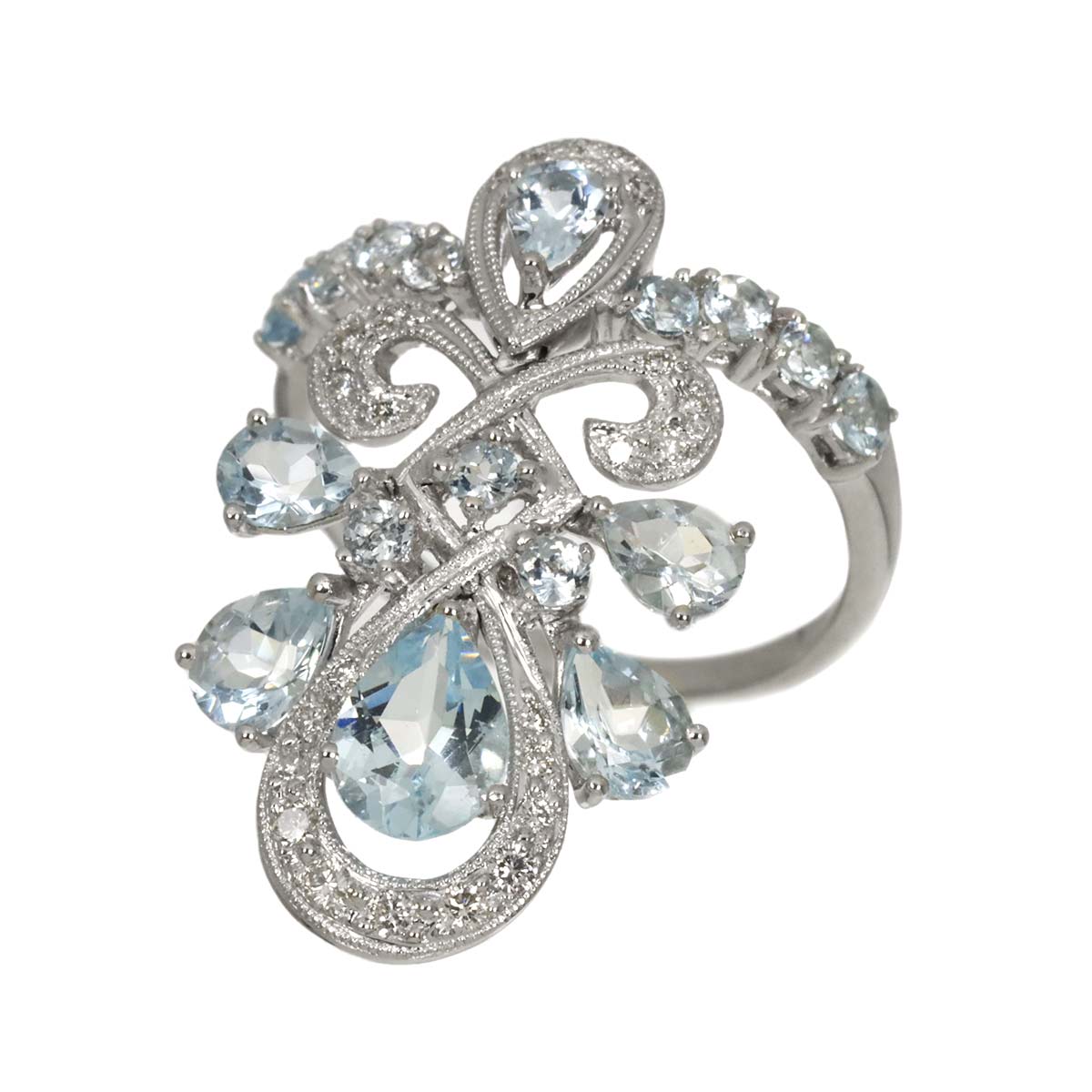 Aquamarine 2.09ct Diamond 0.17ct Ring 18K K18 WG White Gold size6(US)