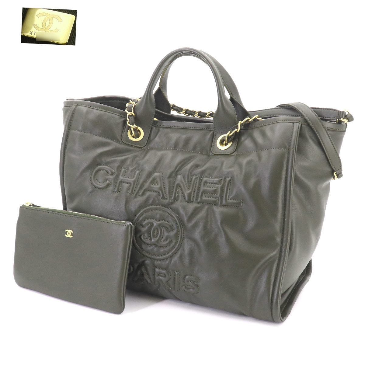 Deauville GM Tote Chain Shoulder Bag Leather khaki Purse