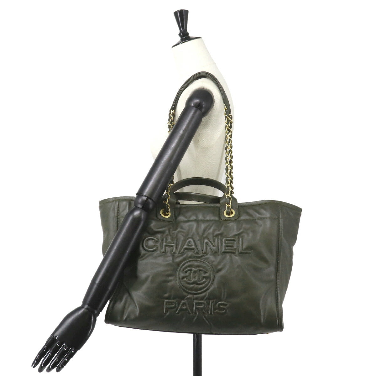 Deauville GM Tote Chain Shoulder Bag Leather khaki Purse