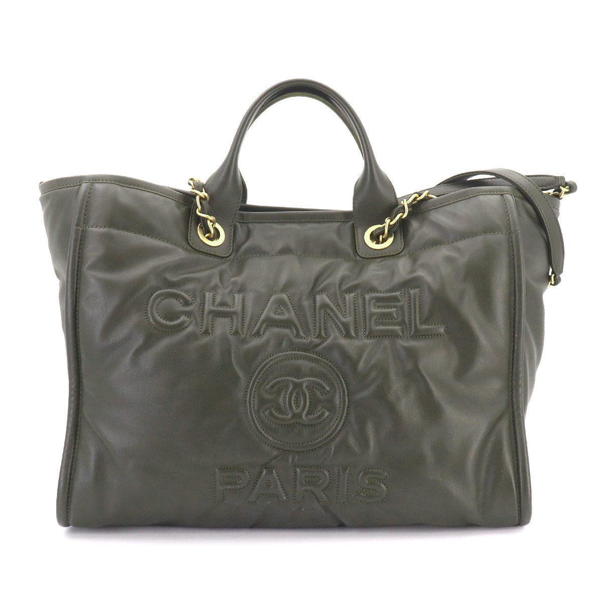 Deauville GM Tote Chain Shoulder Bag Leather khaki Purse
