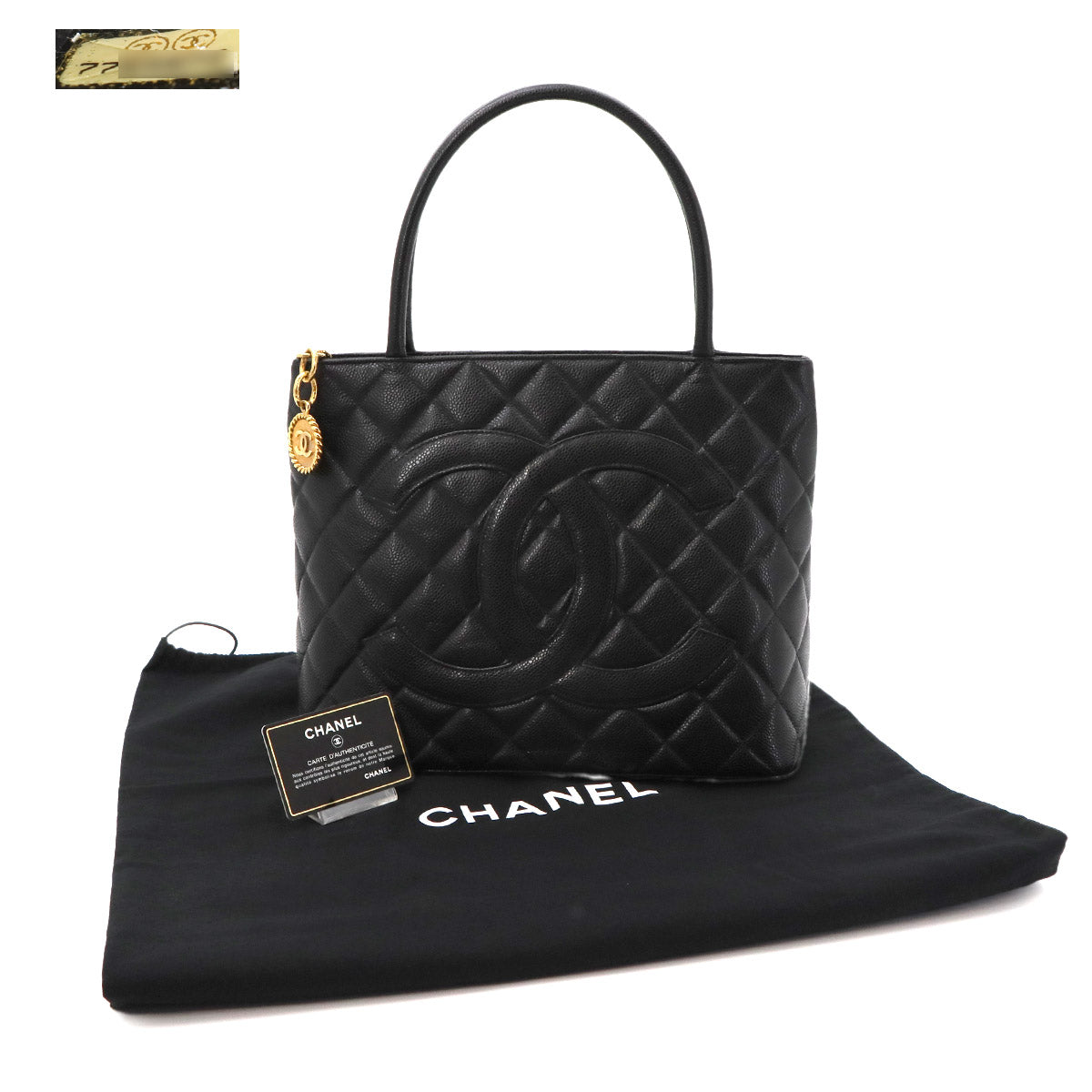 Medallion Tote Bag Leather Black A01804 Coco Logos Vintage