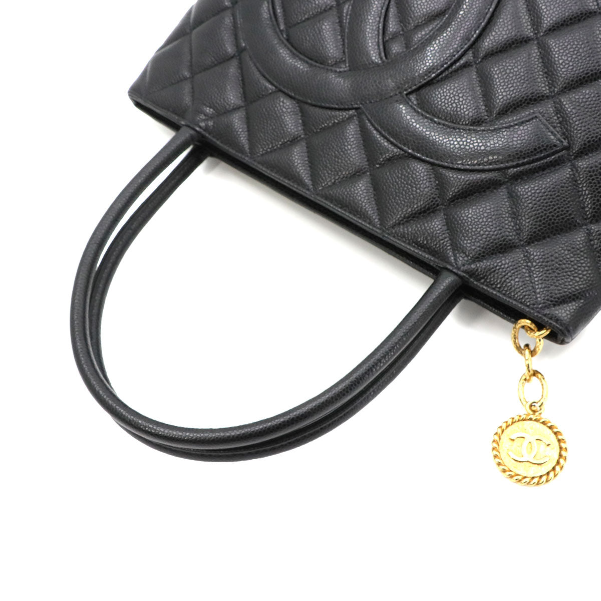 Medallion Tote Bag Leather Black A01804 Coco Logos Vintage