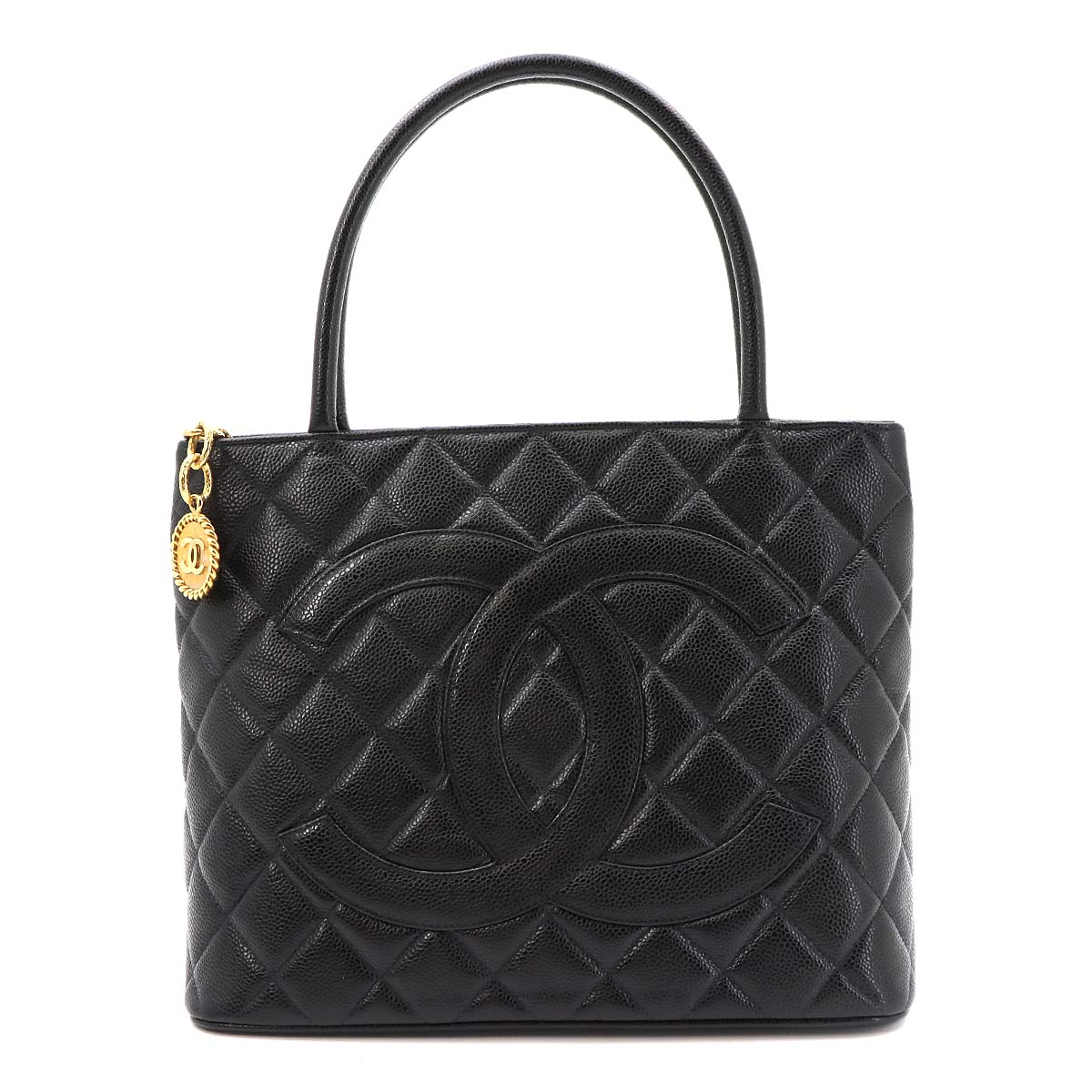 Medallion Tote Bag Leather Black A01804 Coco Logos Vintage