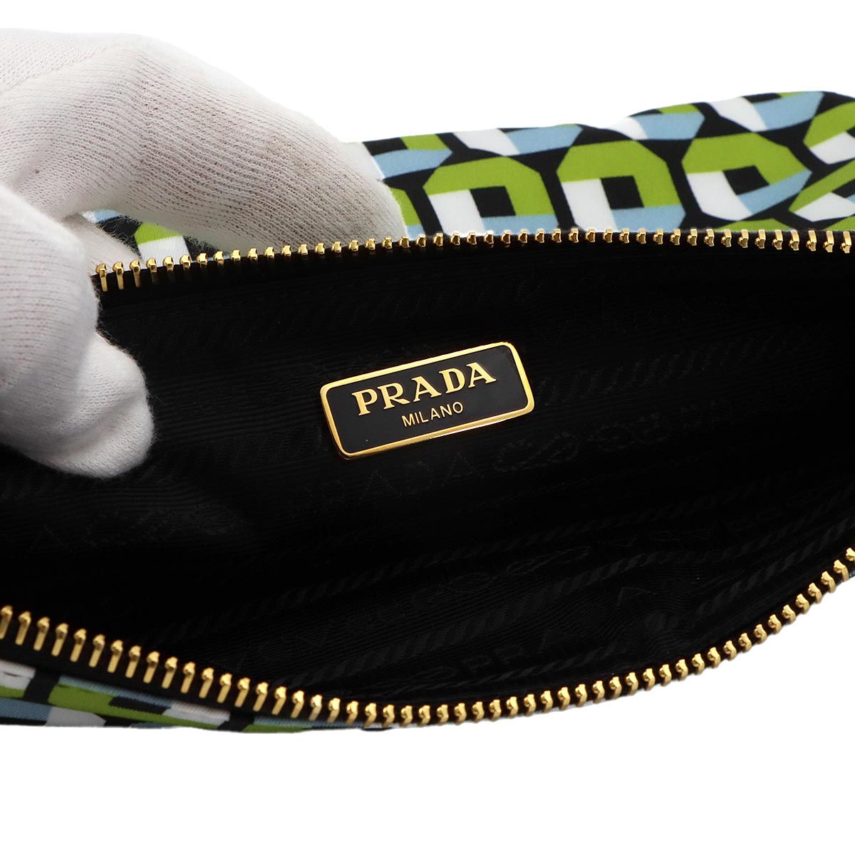 Pouch Nylon Saffiano Leather Green Blue Black Octagon Print