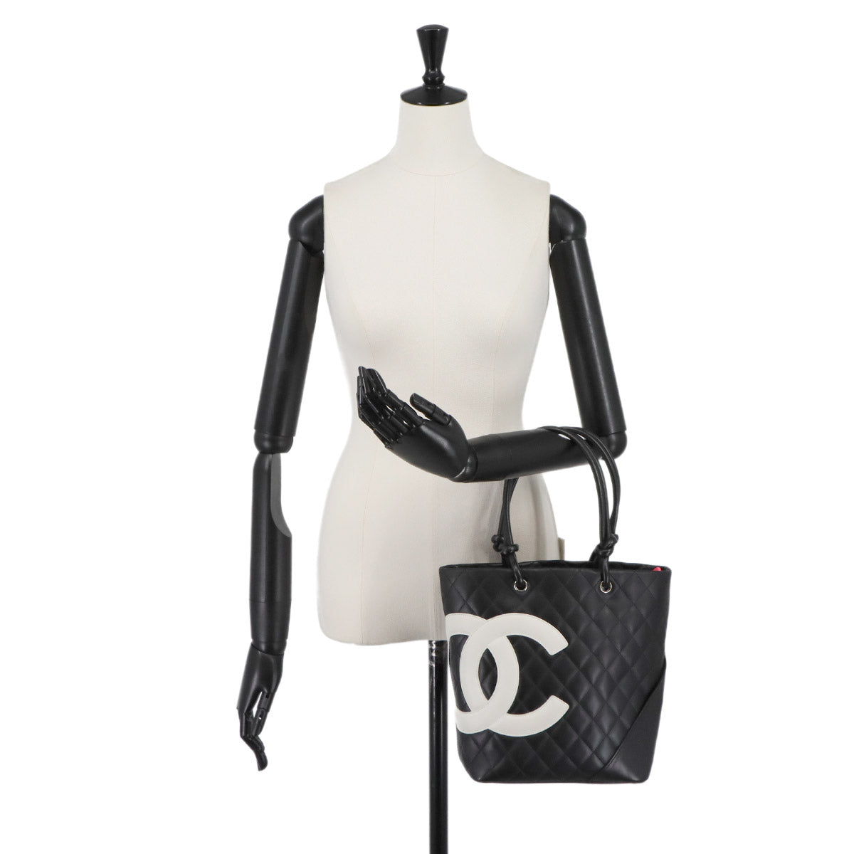 Cambon Line Medium Tote Bag Leather Black White A25167 Purse