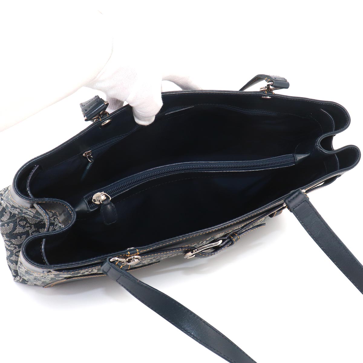 Trotter Tote Bag Canvas Leather Navy Purse