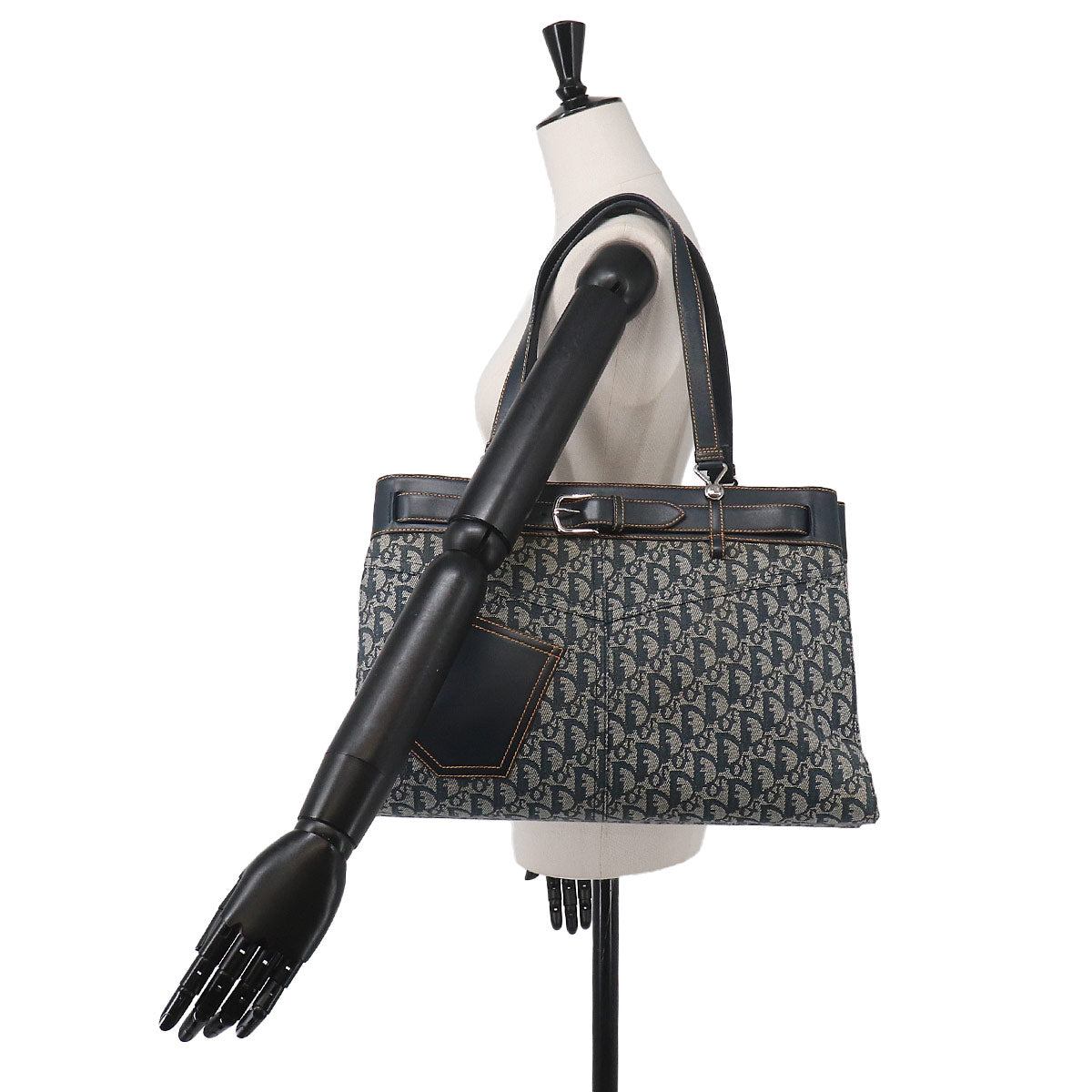 Trotter Tote Bag Canvas Leather Navy Purse