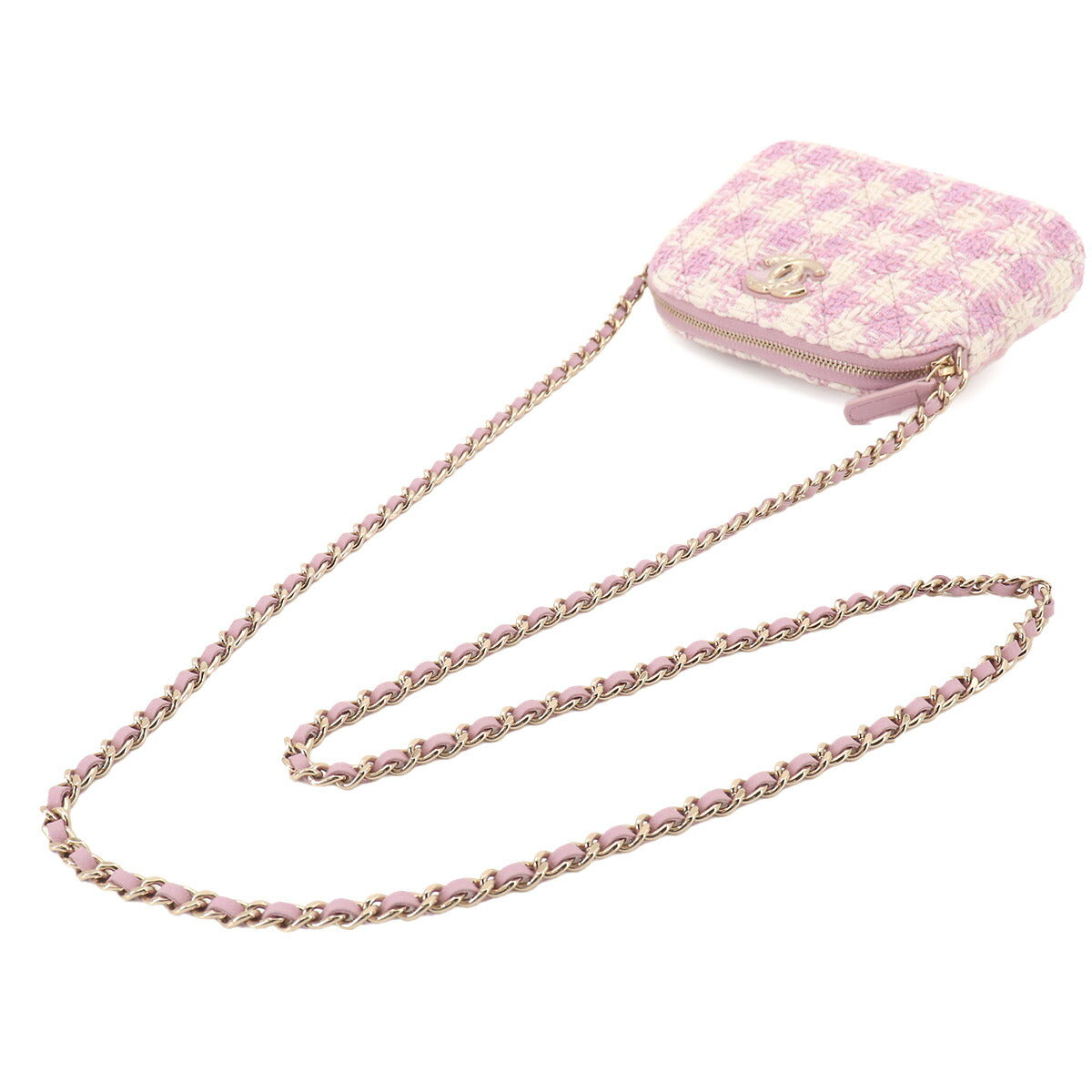 Matelasse Chain Shoulder Bag Tweed Leather Pink White