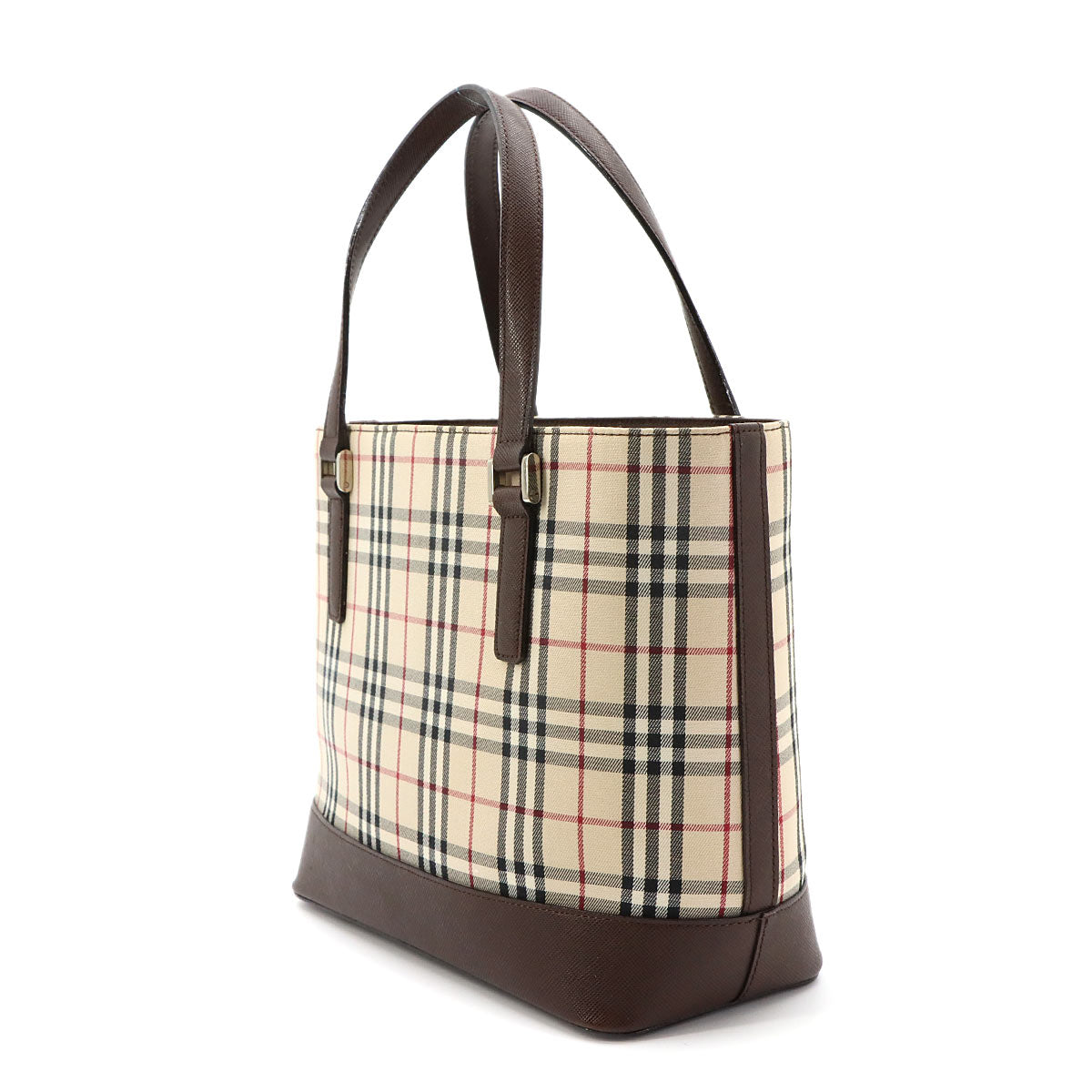 Plaid Hand Bag Canvas Leather Beige Brown Purse