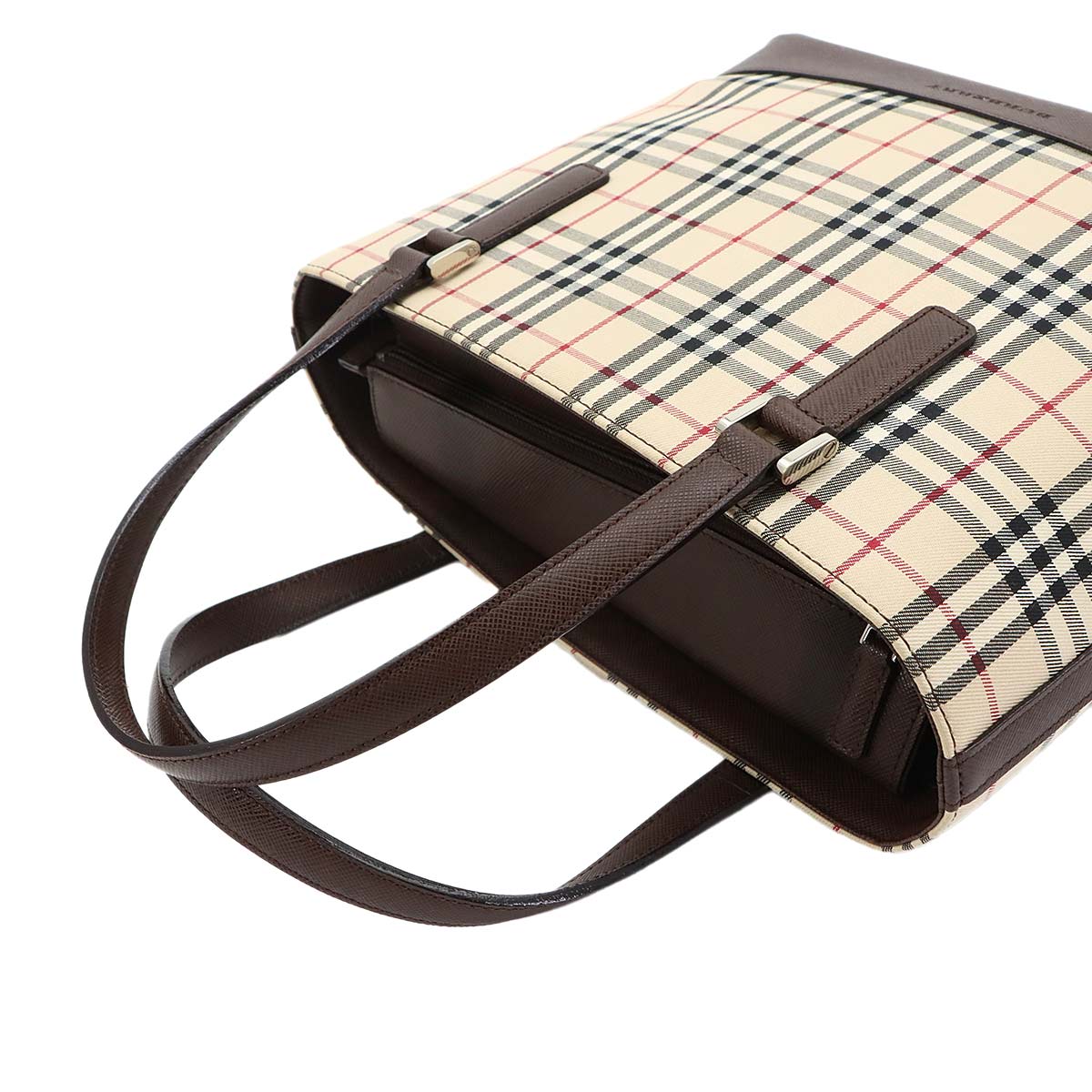 Plaid Hand Bag Canvas Leather Beige Brown Purse
