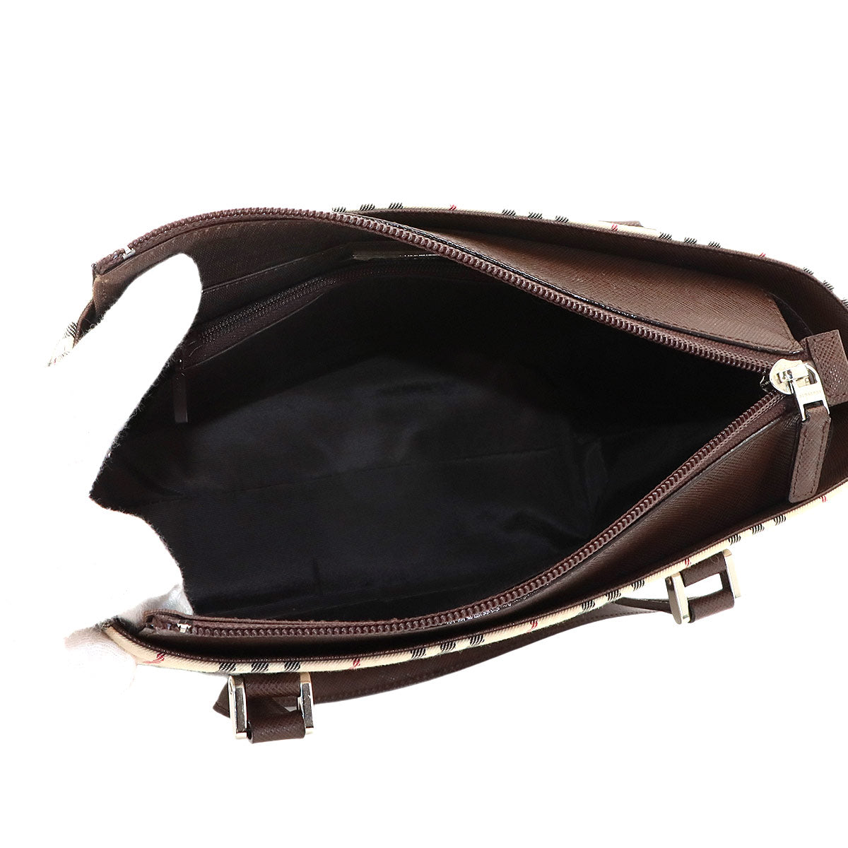 Plaid Hand Bag Canvas Leather Beige Brown Purse