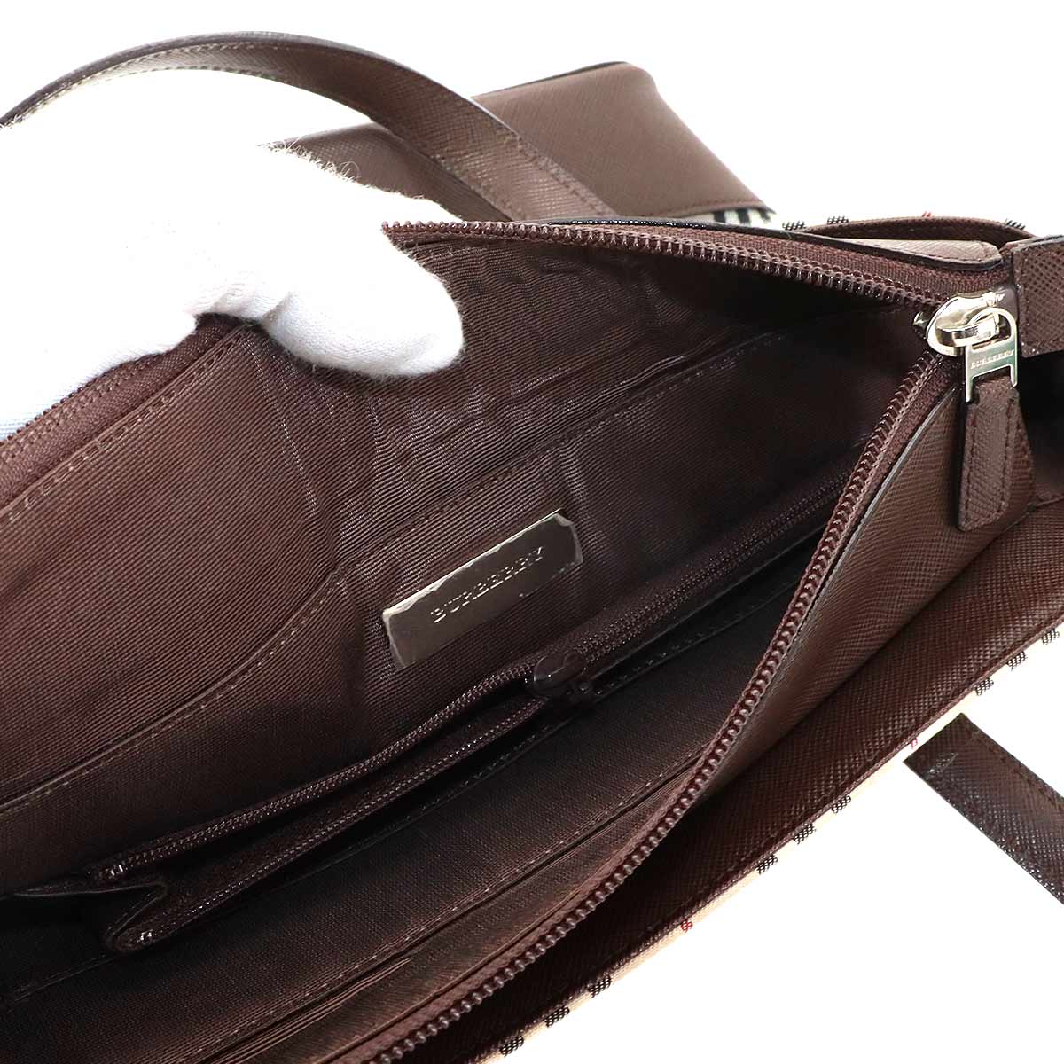 Plaid Hand Bag Canvas Leather Beige Brown Purse