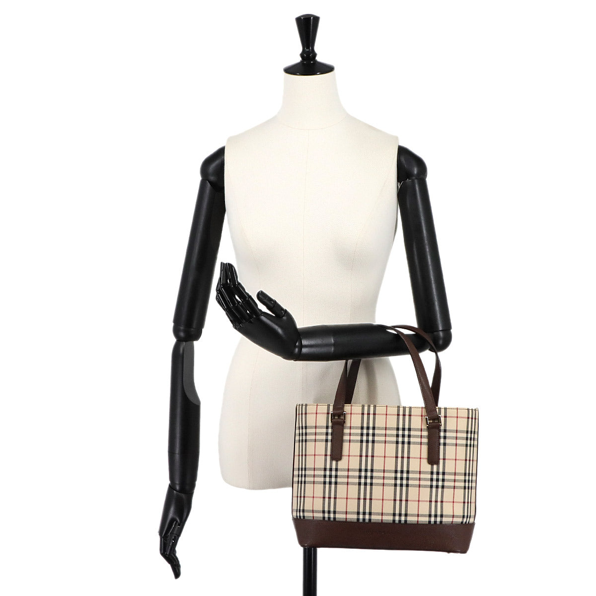 Plaid Hand Bag Canvas Leather Beige Brown Purse