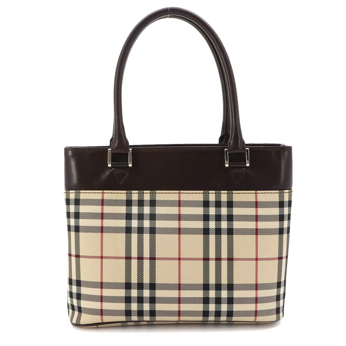 Plaid Hand Bag Canvas Leather Beige Dark brown Purse