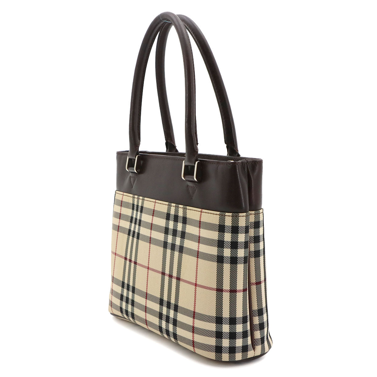 Plaid Hand Bag Canvas Leather Beige Dark brown Purse