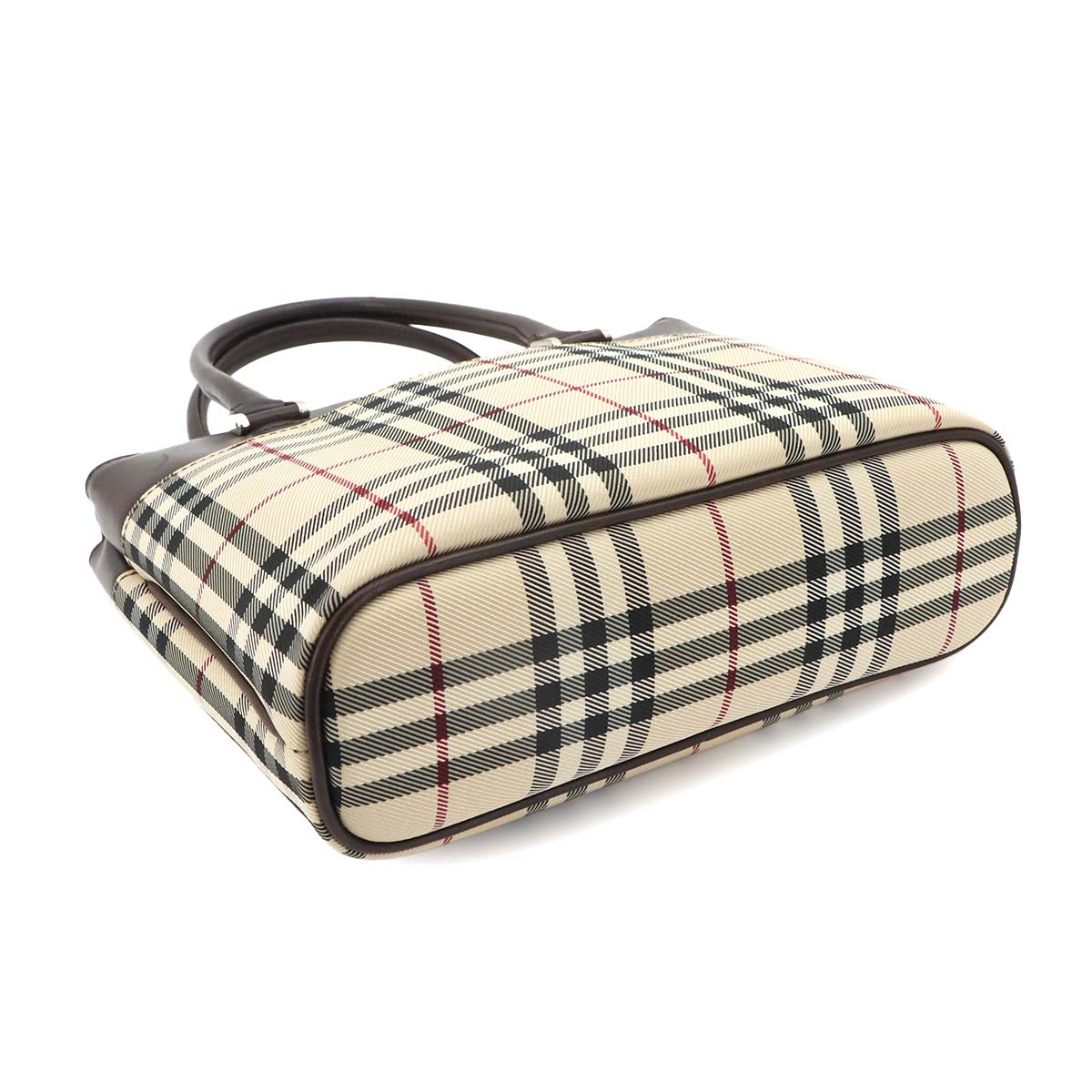 Plaid Hand Bag Canvas Leather Beige Dark brown Purse