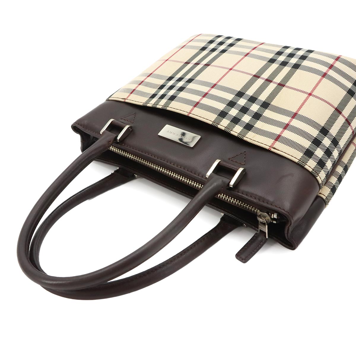 Plaid Hand Bag Canvas Leather Beige Dark brown Purse