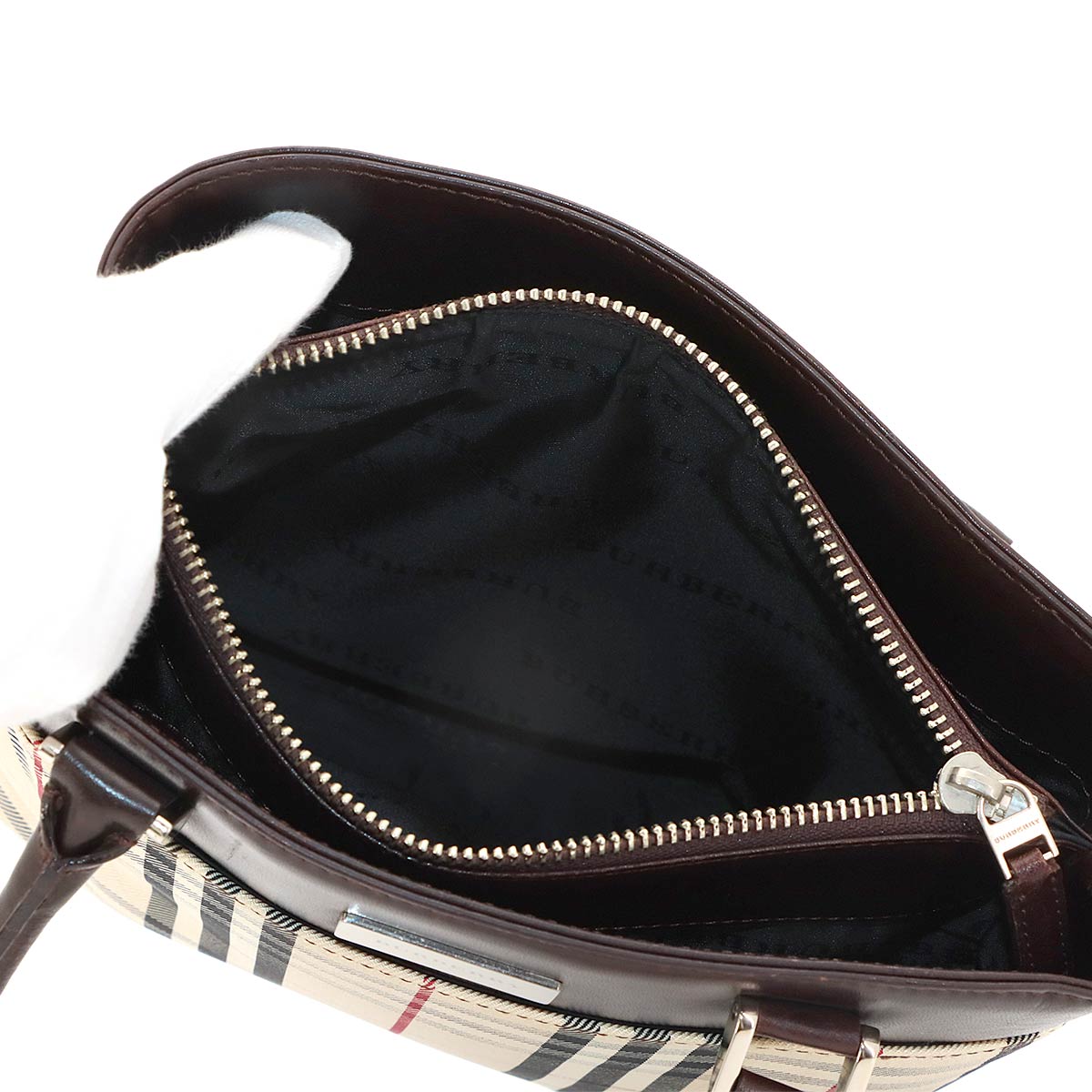Plaid Hand Bag Canvas Leather Beige Dark brown Purse