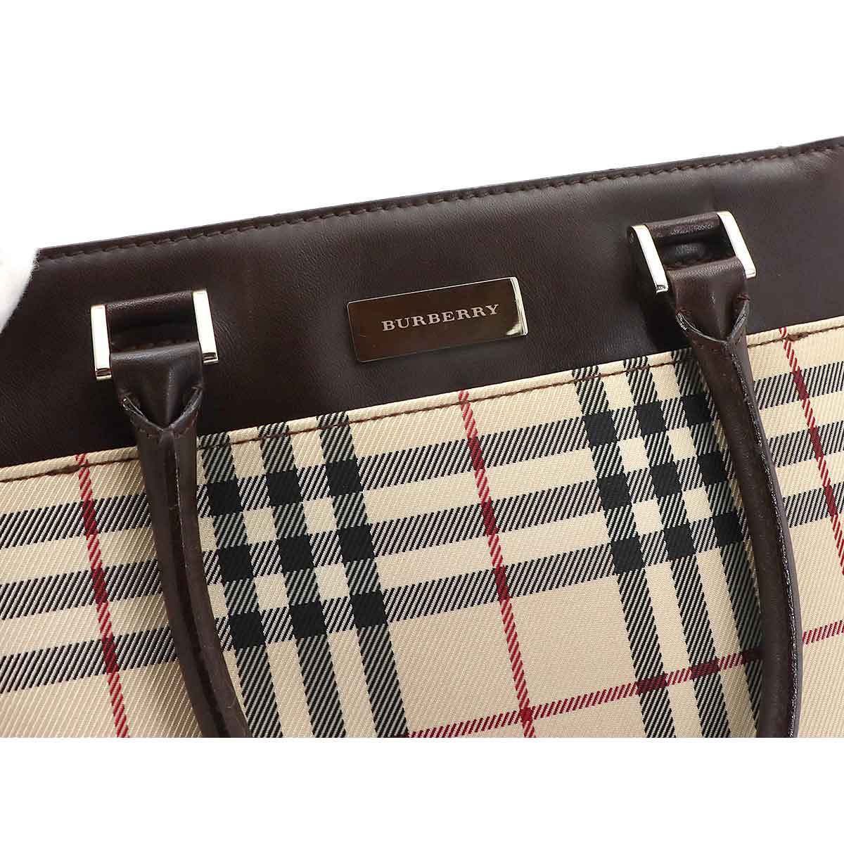 Plaid Hand Bag Canvas Leather Beige Dark brown Purse