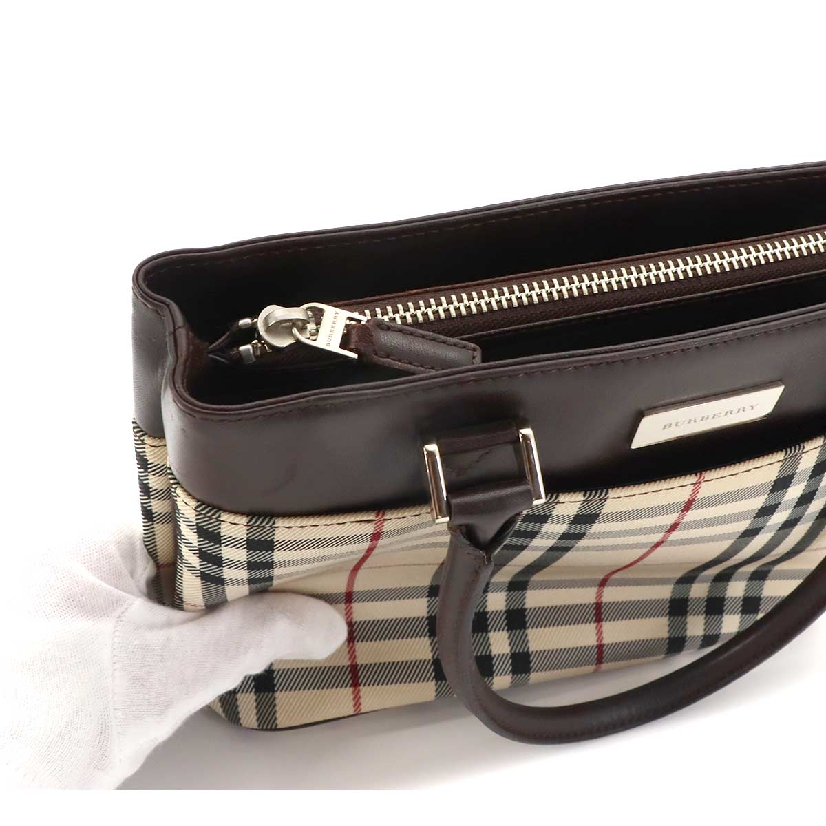 Plaid Hand Bag Canvas Leather Beige Dark brown Purse