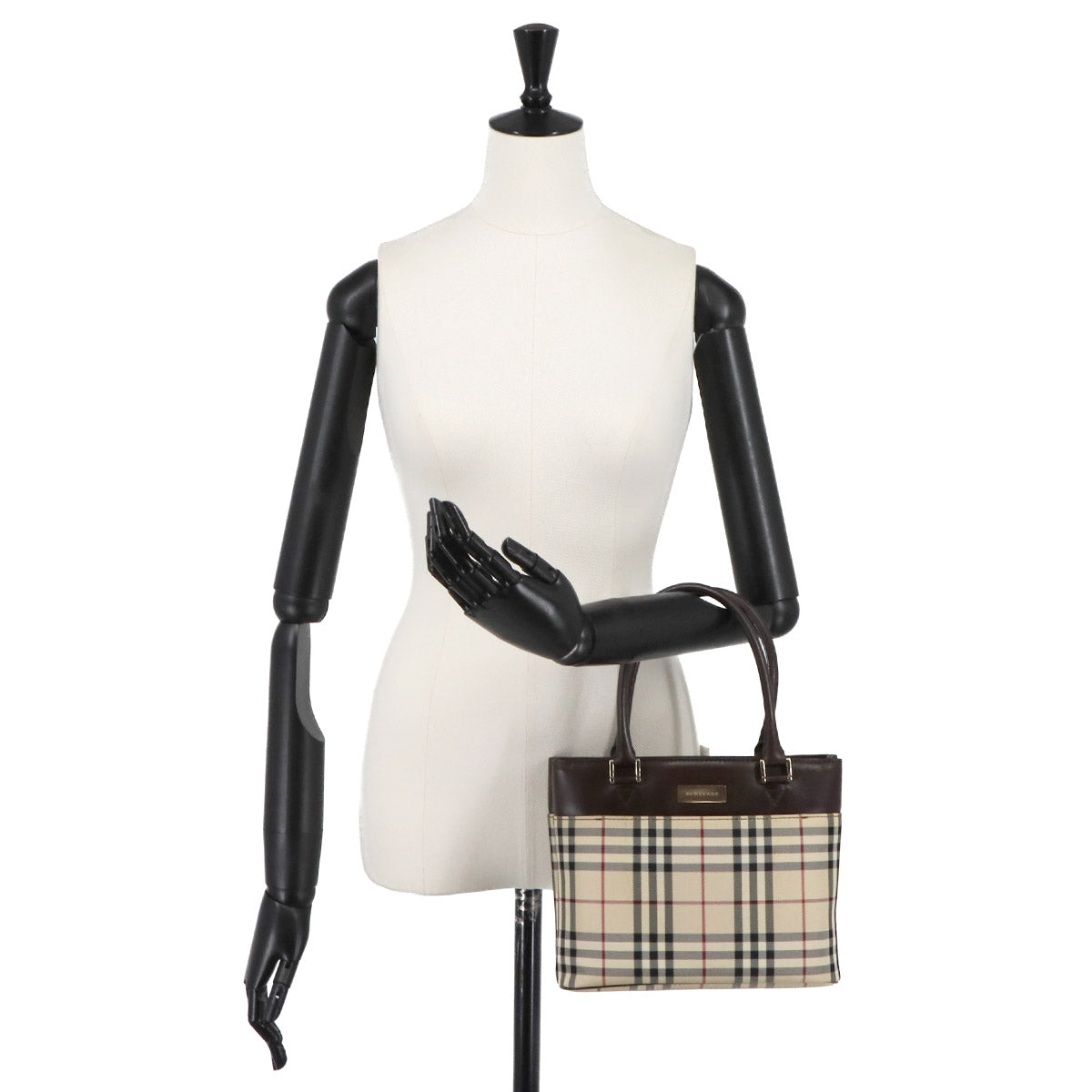Plaid Hand Bag Canvas Leather Beige Dark brown Purse