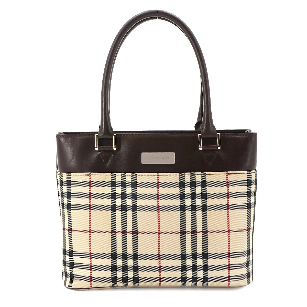 Plaid Hand Bag Canvas Leather Beige Dark brown Purse