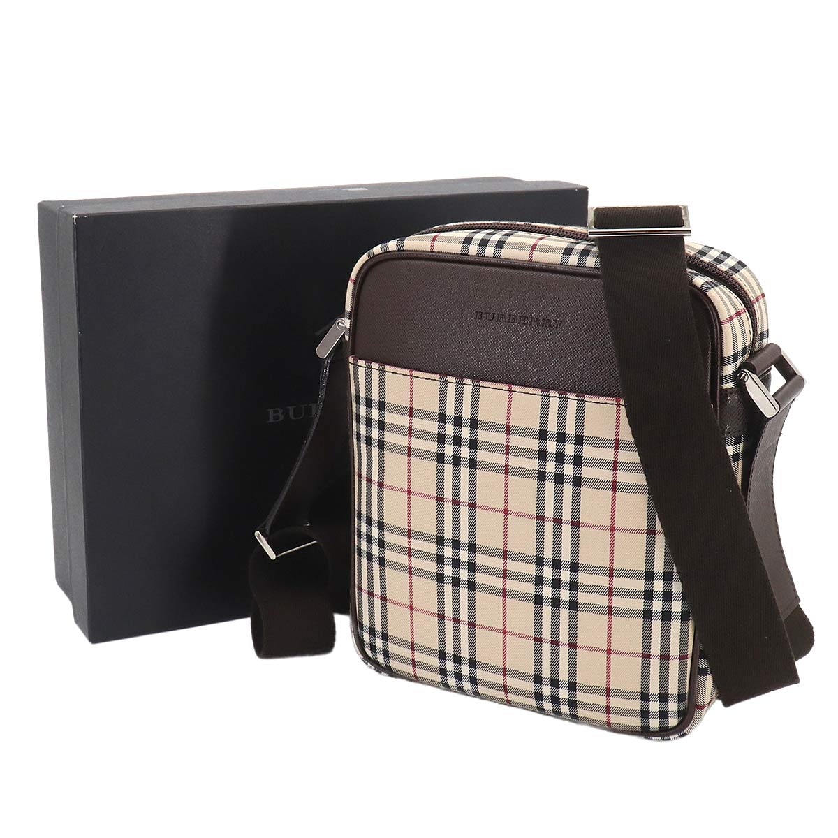 Plaid Shoulder Bag Canvas Leather Beige Brown Purse